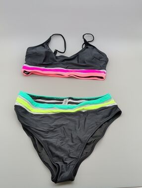 Popvil Black Neon Striped High Waisted 2 Piece Bikini Set Padded Size XL